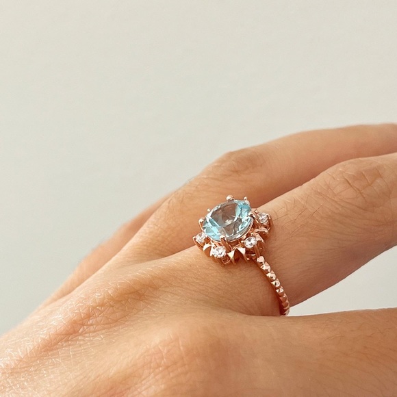 Fine Jewelry 925 Sterling Silver Blue Topaz Ring, Dainty Rose Gold Plated - Picture 7 of 11